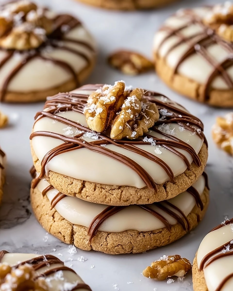 The image shows a stack of three round cookies with a cracked light brown texture. Each cookie has a smooth, creamy white icing layer topped with a thin, dark chocolate drizzle that zigzags across the surface. The top cookie is bitten, revealing a soft, crumbly interior. The topmost icing is sprinkled with coarse golden brown sugar crystals, adding a sparkling texture. Around the stack, there are other cookies blurred in the background on a white marbled surface, some with similar icing and sugar decorations. photo taken with an iphone --ar 4:5 --v 7