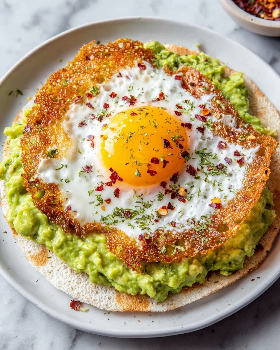 A white plate holds a layered dish starting with a soft, light tan tortilla on the bottom, topped with a thick, bright green spread of mashed avocado. Above this is a crispy, golden-brown fried egg white, with a lacy, bubbly texture around the edges. Sitting in the center is a shiny, round sunny-side-up egg yolk in vibrant yellow-orange, sprinkled with red chili flakes and dried green herbs. The dish is placed on a white marbled surface with a shallow depth of field focusing on the food. Photo taken with an iphone --ar 4:5 --v 7