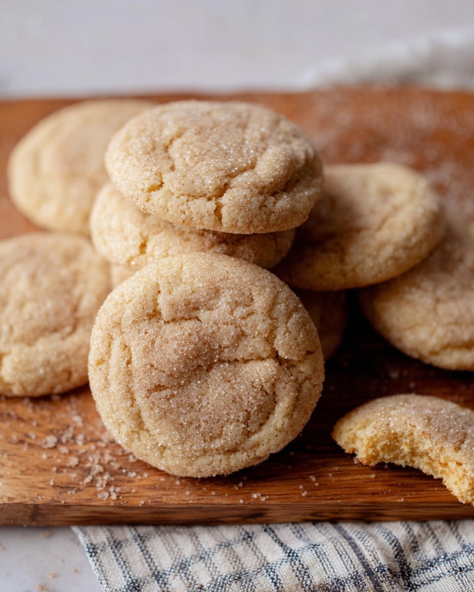 The image shows a group of round, soft cookies with a light golden brown color and a grainy texture on top, likely from sugar sprinkled on them. The cookies are stacked and slightly overlapping each other on a wooden board placed on a white marbled textured surface, with a striped cloth partially visible. One cookie in the corner is broken, revealing its crumbly inside. The cookies have a slightly cracked and rough surface with visible sugar crystals photo taken with an iphone --ar 4:5 --v 7