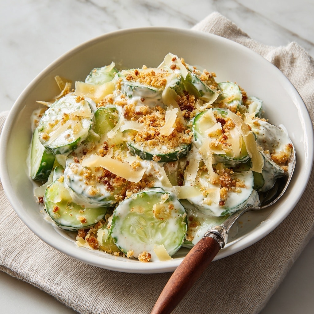 The image shows a bowl filled with a creamy cucumber salad. The main layer is made of green cucumber slices with white creamy dressing coating them. Mixed in are crispy brown bacon pieces and thin, pale white flakes of cheese scattered on top. The salad is sprinkled with small, crumbly bits of golden-brown seasoning, adding a textured look. A metal fork with a wooden handle rests inside the bowl, ready to scoop the salad. The bowl is white, and the background has a white marbled texture. Photo taken with an iphone --ar 4:5 --v 7
