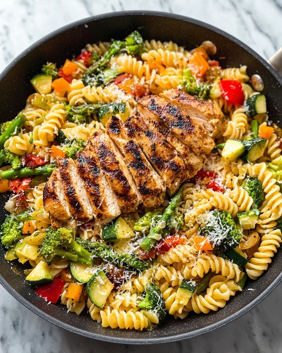 A black pan holds a colorful pasta dish with three main layers. The bottom layer is made of spiral pasta in a light yellow color, evenly spread across the pan. Mixed in with the pasta are bright green broccoli florets, green zucchini chunks, tender green asparagus pieces, red bell pepper chunks, and orange carrot slices, creating a fresh vegetable layer with varied textures. On top of everything is a thick, grilled chicken breast with golden brown grill marks and a slightly crispy texture, sliced into even strips. The dish is sprinkled lightly with grated cheese, adding a fine white dusting over the whole pan. The scene is set on a white marbled surface. photo taken with an iphone --ar 4:5 --v 7