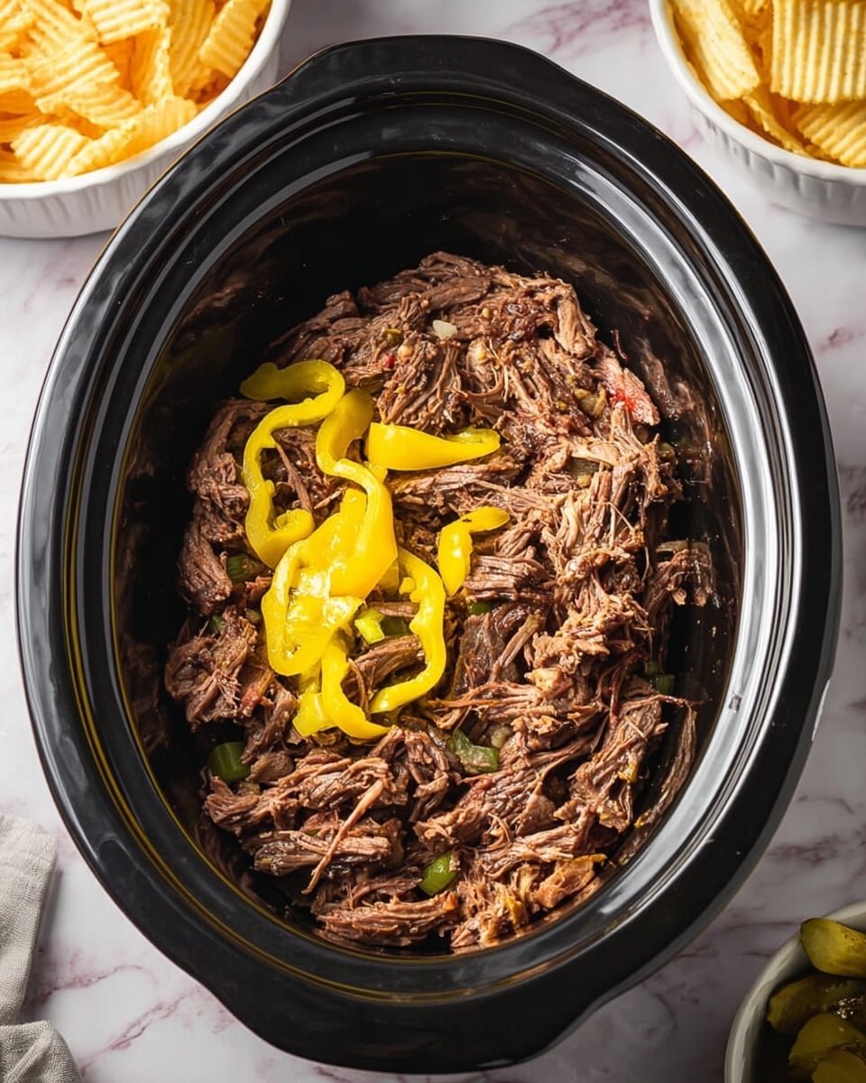 A sandwich with a soft, light brown bun cut in half, sitting on a white marbled surface. The bottom half is filled with a layer of dark brown shredded beef that looks tender and juicy, spilling out slightly onto the surface. On top of the beef, there is a layer of melted white cheese that covers most of the meat. Above the cheese, there are bright yellow banana pepper rings evenly placed. The top half of the bun rests loosely on the filling. Nearby, there are extra yellow banana pepper slices scattered on the white marbled surface. In the background, there is a white bowl filled with more yellow banana pepper slices. Photo taken with an iphone --ar 4:5 --v 7