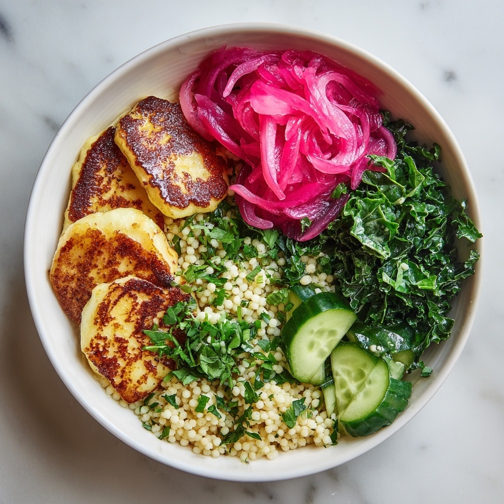 A white bowl is filled with a base layer of light tan quinoa mixed with chopped green herbs. On top, there are four golden-brown grilled cheese slices with crispy edges placed slightly overlapping on the right side. Above the cheese is a round, caramelized onion slice with dark brown grill marks. To the left of the cheese are bright pink pickled onions stacked in loose spirals. At the bottom left part of the bowl, there are several thin, translucent cucumber slices sprinkled with herbs. The bowl rests on a soft dusty pink cloth over a white marbled surface. Photo taken with an iphone --ar 4:5 --v 7