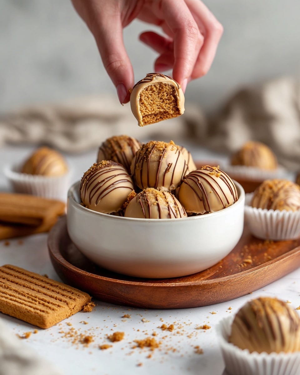 A white bowl sits on a wooden tray filled with round truffles coated in light brown caramel-colored chocolate with smooth, shiny drizzles on top, one truffle at the top is bitten showing a crumbly, textured interior with a speckled tan color; scattered around the bowl on the white marbled surface are a few truffles in white paper cups and some rectangular caramel biscuits, along with crumbs that add to the cozy, sweet scene. photo taken with an iphone --ar 4:5 --v 7