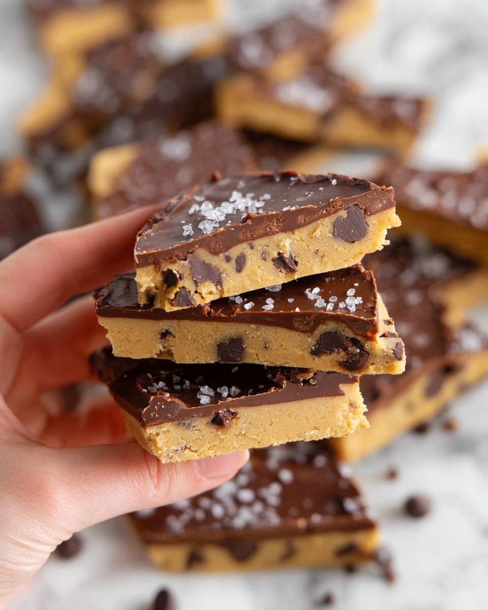 A pile of broken chocolate chip cookie dough bark is arranged on white parchment paper over a white marbled surface. The bark pieces have two layers: the bottom layer is a rough, golden tan cookie dough with dark chocolate chips spread inside, and the top layer is smooth, shiny dark chocolate sprinkled with coarse sea salt flakes. The bark is cut into irregular triangles and rough chunks showing the contrast between the soft cookie dough and glossy chocolate. Scattered chocolate chips and a small white bowl of chocolate chips are nearby on the marbled surface. photo taken with an iphone --ar 4:5 --v 7