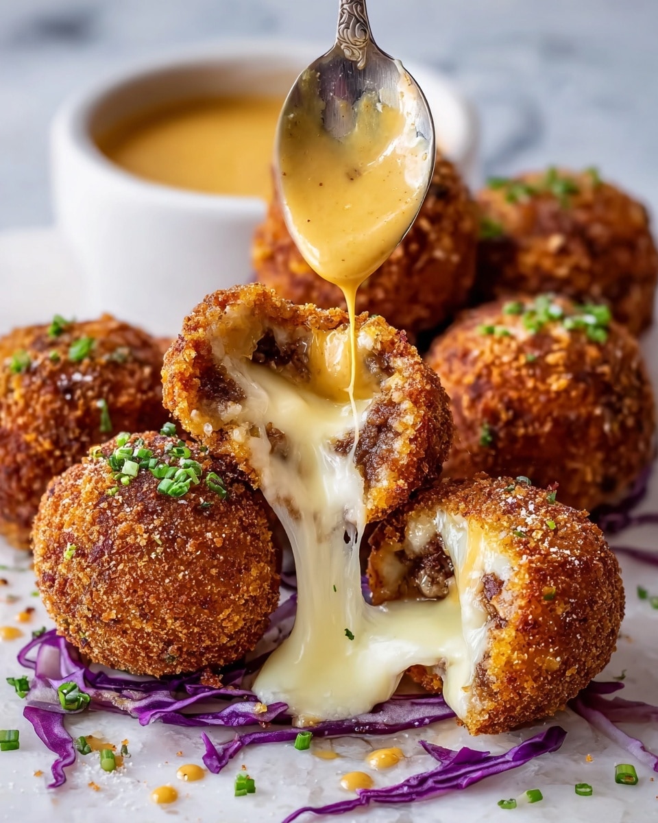 The image shows several round deep-fried balls with a crispy golden-brown crumb coating, topped with small green chopped herbs. One ball is cut open in the front center, revealing melted white cheese stretching out and a savory brown filling inside. They rest on thin purple cabbage strips scattered on a white marbled surface. Above the balls, a spoon drips a smooth, creamy mustard-yellow sauce onto one of them. In the background, there is a white cup filled with the same sauce, slightly blurred. photo taken with an iphone --ar 4:5 --v 7