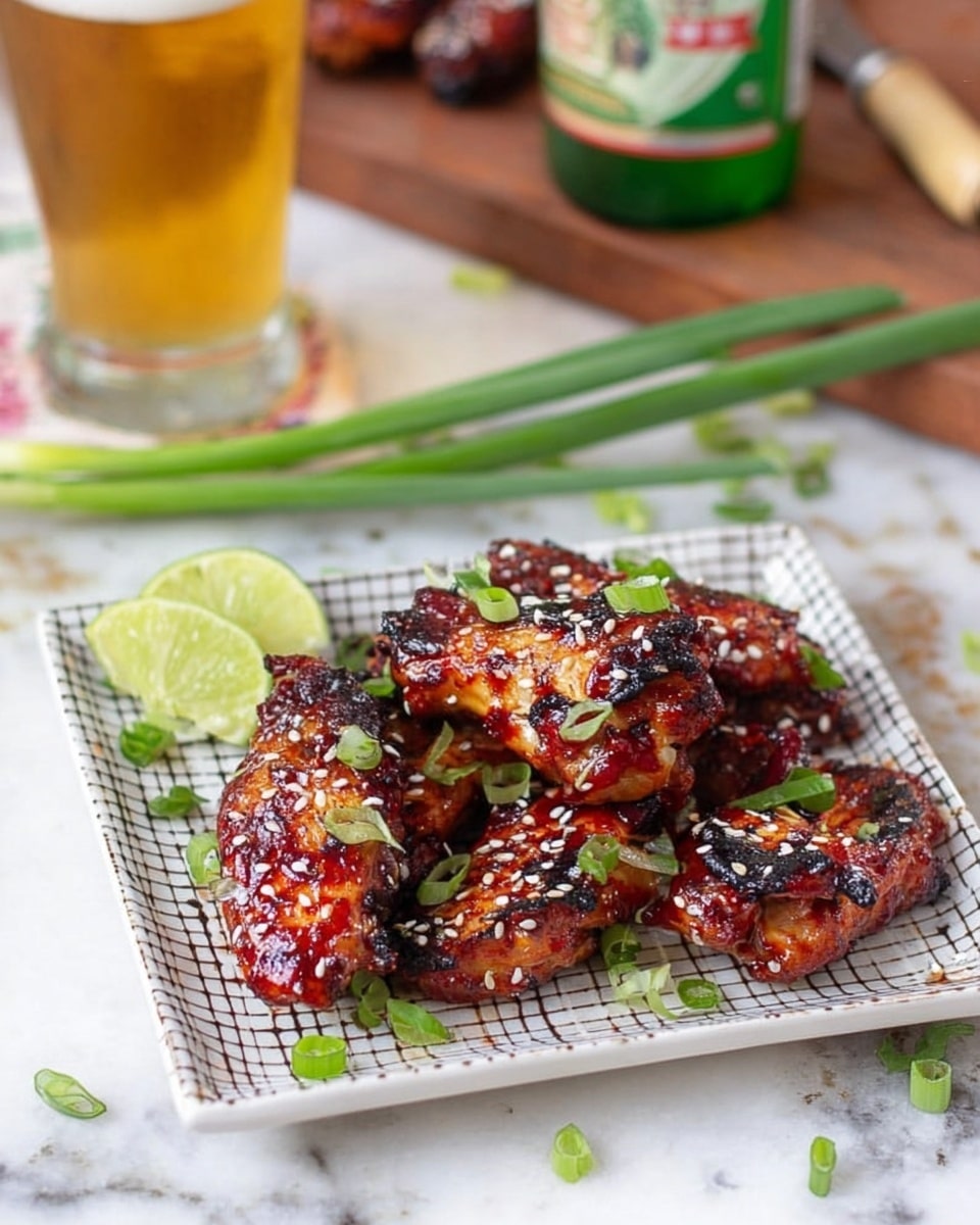 A white square plate with a subtle grid pattern holds seven pieces of glazed grilled chicken wings, each wing showing a shiny, caramelized dark orange and brown surface with char marks that give a slightly crispy look. The wings are sprinkled with white sesame seeds and cut green onion slices, adding small pops of white and bright green on top. At the top edge of the plate, there are two fresh lime wedges with bright green skin and juicy pale green flesh. The plate sits on a wooden surface, which should be changed to a white marbled texture. photo taken with an iphone --ar 4:5 --v 7