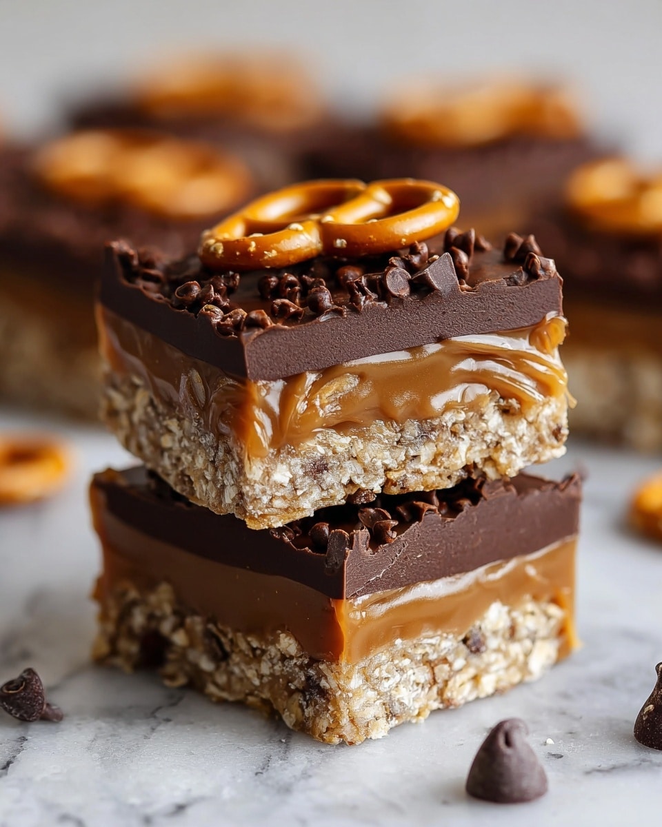 The image shows two stacked dessert bars with four layers. The bottom layer is a light beige, crunchy oat and pretzel mix. Above that is a smooth, glossy caramel layer in light brown. The third layer is a firm, rich dark brown chocolate layer, sprinkled with small chocolate chips. The top layer is decorated with a whole pretzel piece and a few chocolate chips on top of the chocolate layer. The bars sit on a white marbled texture with a few loose chocolate chips nearby. Photo taken with an iphone --ar 4:5 --v 7