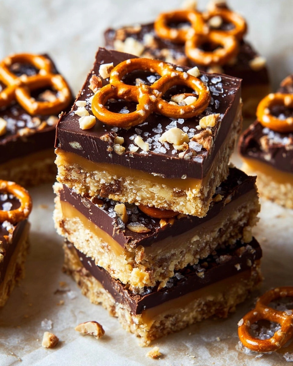 The image shows three square dessert bars stacked unevenly on a white marbled surface covered partly with parchment paper. Each bar has three distinct layers: a bottom layer of light golden-brown crumbly base, a middle layer of golden caramel mixed with small bits, and a top layer of smooth, dark chocolate. The chocolate layer is decorated with whole pretzels and sprinkled with coarse salt and chopped nuts, creating a crunchy texture contrast. The edges of the bars are sharp and clean, revealing the layered structure clearly. Photo taken with an iphone --ar 4:5 --v 7