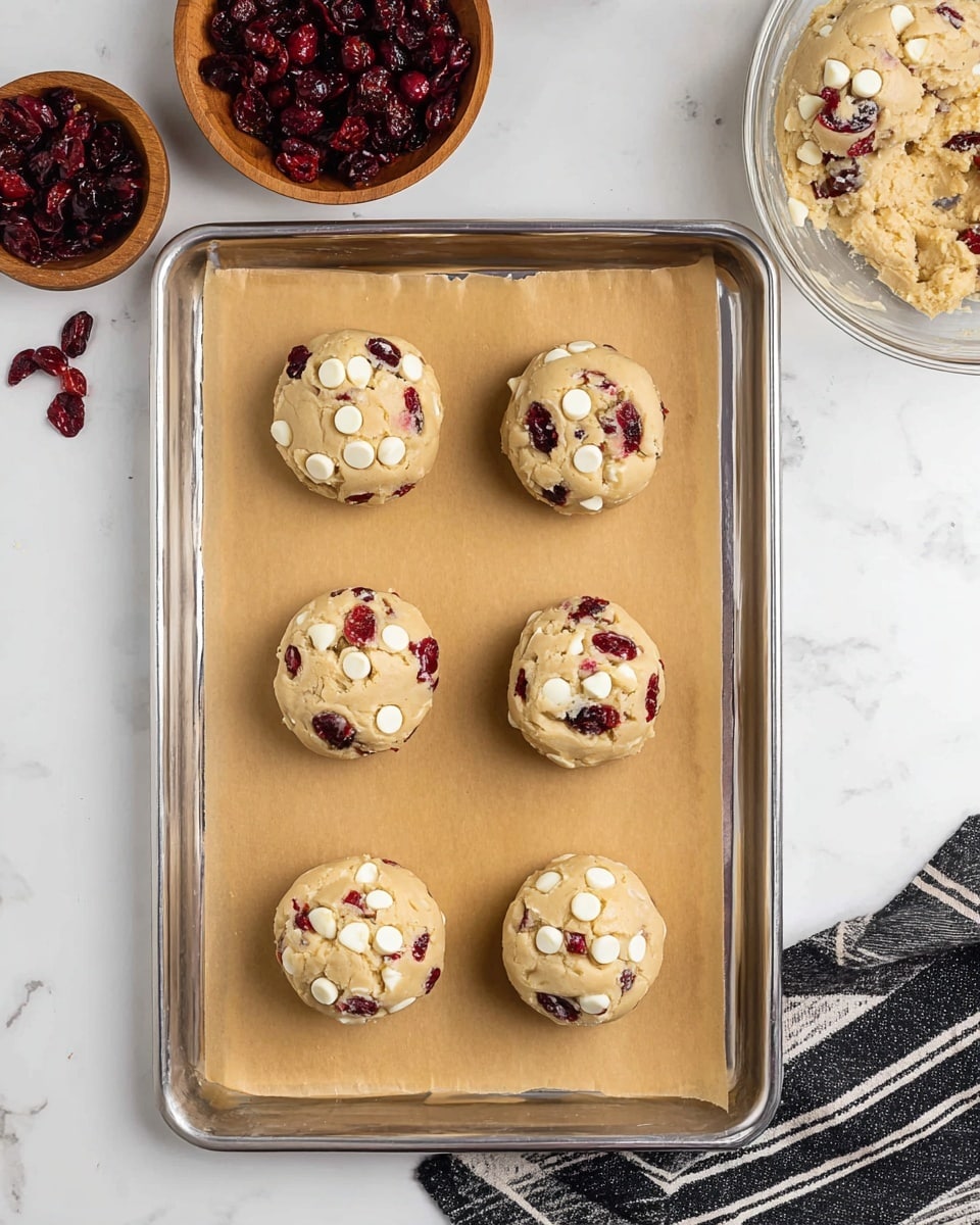 Six round cookie dough balls are placed in two vertical columns and three rows on a baking tray lined with light brown parchment paper. Each cookie dough ball is light beige with visible white chocolate chips and dark red dried cranberry pieces mixed in, giving a speckled look of white and red. The baking tray is silver metal and sits on a white marbled texture surface. In the top left corner, there is a small wooden bowl filled with dried cranberries. In the top right corner, a clear glass bowl holds more cookie dough with the same white chocolate chips and dried cranberries visible on top. A black and white striped cloth is partially visible on the right side. Photo taken with an iphone --ar 4:5 --v 7