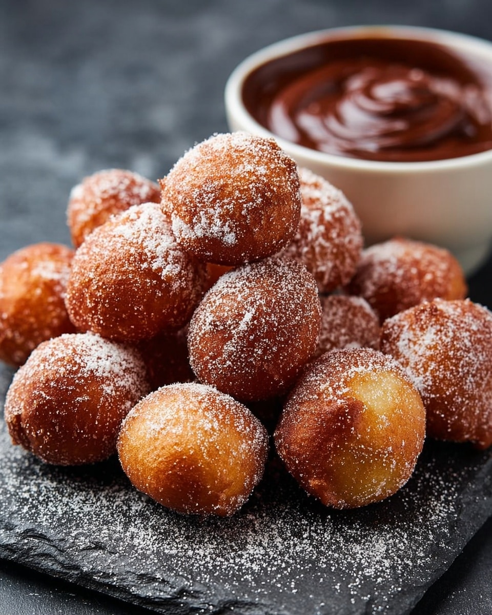 The image shows a black rectangular slate board on a white marbled surface, filled with small, round doughnut holes dusted with sugar. Several pieces are dipped halfway in smooth, glossy dark chocolate, adding a rich brown shine to the golden-brown donut texture. A white bowl in the top right corner of the board is filled with the same dark chocolate sauce, with one donut hole sitting on the edge, partly dipped in the chocolate, creating a creamy swirled pattern inside the bowl. The sugar granules are scattered lightly over the donuts and slate board, giving a sweet, textured look. Photo taken with an iphone --ar 4:5 --v 7