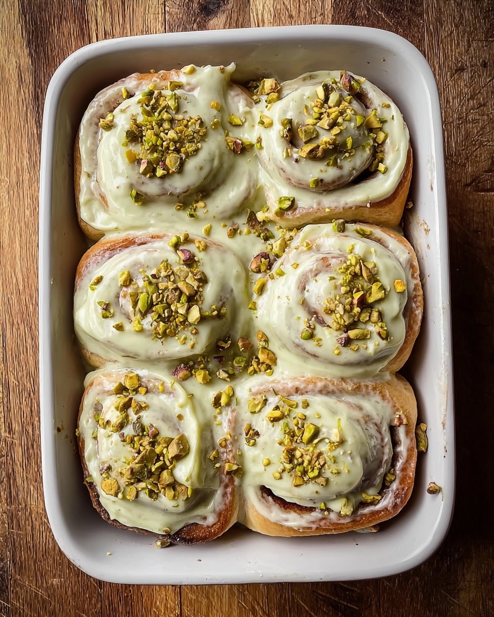 A soft, fluffy roll is shown with a bite taken out, revealing a green pistachio filling swirled inside the golden-brown bread. The top layer is covered with a thick, creamy white icing that drips slightly down the sides, and it's sprinkled generously with chopped pistachios. The roll sits on a simple white plate with a subtle speckled texture, placed on a white marbled surface. In the blurred background, there is a white baking dish filled with more of the same rolls. Photo taken with an iphone --ar 4:5 --v 7