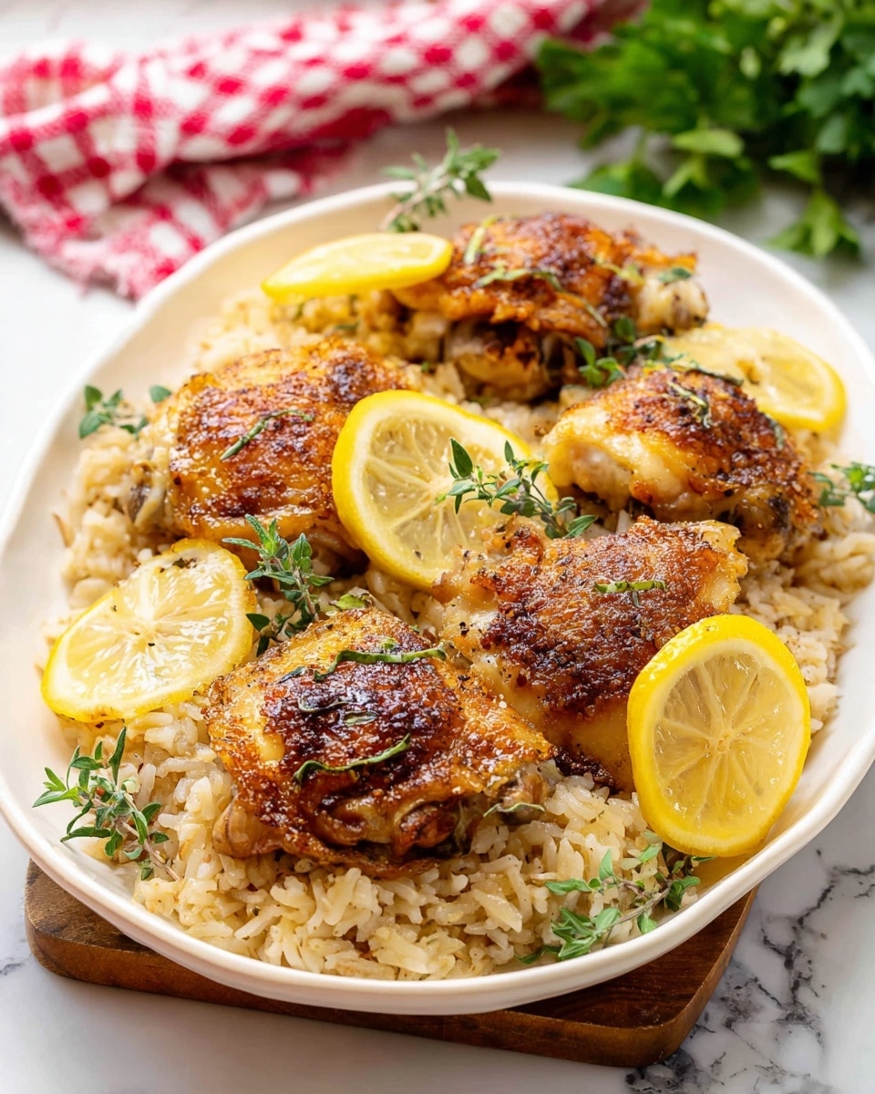 A white oval plate holds a bed of creamy, light beige rice with visible small rice grains as the bottom layer. On top, there are five golden brown chicken thighs with crispy skin showing a mix of darker and lighter brown spots. Bright yellow lemon wedges are placed between some of the chicken pieces. Small green herb leaves and sprigs are scattered over the chicken and rice, adding fresh color. The plate is set on a white marbled surface with a blurred red and white checkered cloth and green herbs in the background. Photo taken with an iphone --ar 4:5 --v 7