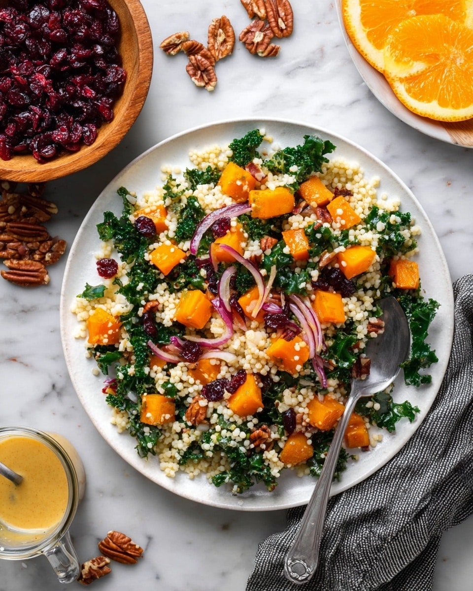 A clear glass bowl sits on a white marbled surface, holding a colorful layered salad with four distinct sections: bright orange cubes of roasted butternut squash on the top right, small white pearl couscous on the top left, thinly sliced purple-red onion on the bottom left, and deep red dried cranberries on the bottom right, all resting on a bed of dark green kale leaves. Nearby, a small wooden bowl filled with more dried cranberries and a glass measuring cup containing a mustard-yellow dressing with a colorful whisk inside are visible. A wooden spoon and a white cloth with dark stripes lie under the bowl’s edge. photo taken with an iphone --ar 4:5 --v 7