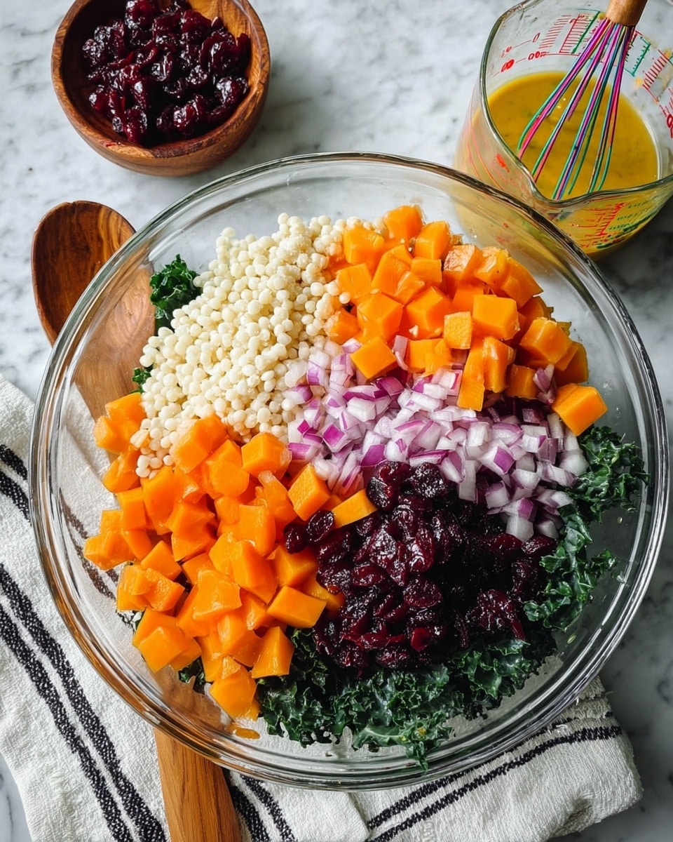A white plate holds a colorful salad made of four main layers: small pearl-like couscous forming the base layer, bright orange roasted cubes of butternut squash mixed evenly through the couscous, dark green leafy kale pieces scattered on top, and reddish-brown pecans and thin slices of purple onion spread across the surface. There are also dark red dried cranberries mixed into the salad. The plate is set on a white marbled surface next to a wooden bowl filled with more dried cranberries, some pecans scattered on the side, and a small measuring cup of dressing with orange wedges nearby. A metal spoon rests inside the plate with the salad. Photo taken with an iphone --ar 4:5 --v 7
