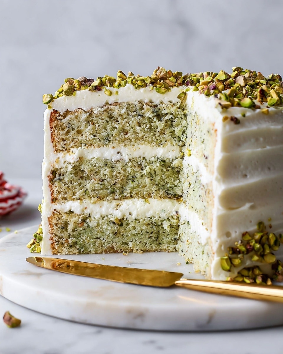 A three-layer cake with light green sponge that looks moist and speckled with tiny bits, separated by two thick layers of white creamy frosting. The outside is coated with the same white frosting, and the top is sprinkled with chopped green and light brown pistachio nuts. The cake sits on a round white marble surface with a gold serving tool in front. The background is a plain white marbled texture. Photo taken with an iphone --ar 4:5 --v 7