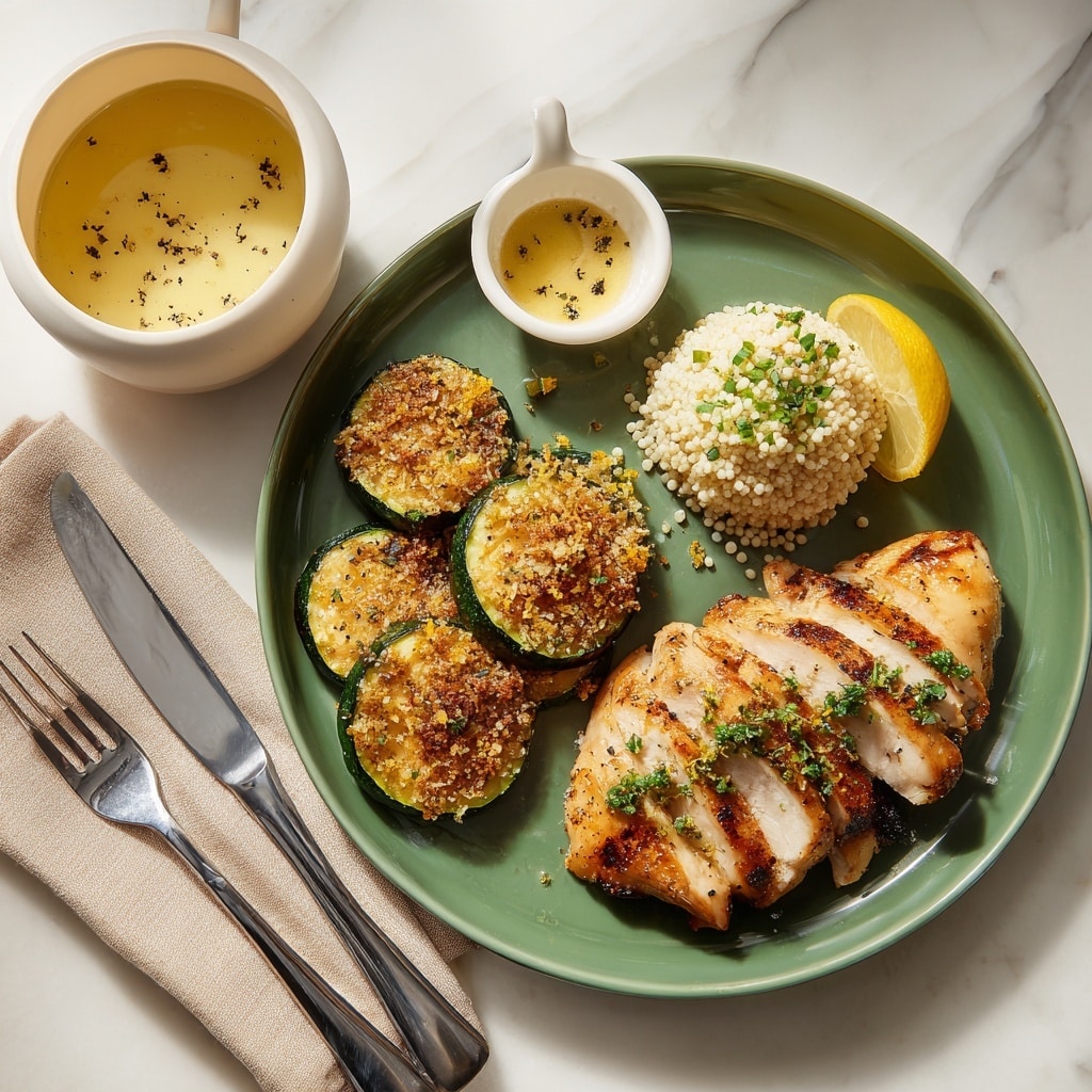 A round white plate with three sections of food sits on a white marbled surface. On the left side, there is a grilled chicken breast covered with a creamy yellow sauce and topped with small green onion slices. On the top right, there is a serving of small, round white couscous mixed with bits of green onion. The bottom right section has several crispy, golden-brown zucchini slices covered with melted cheese and browned crust. A knife and fork with white handles rest on a blue and white striped cloth next to the plate. In the top right corner, there is a small white bowl filled with sliced green onions. Photo taken with an iphone --ar 4:5 --v 7