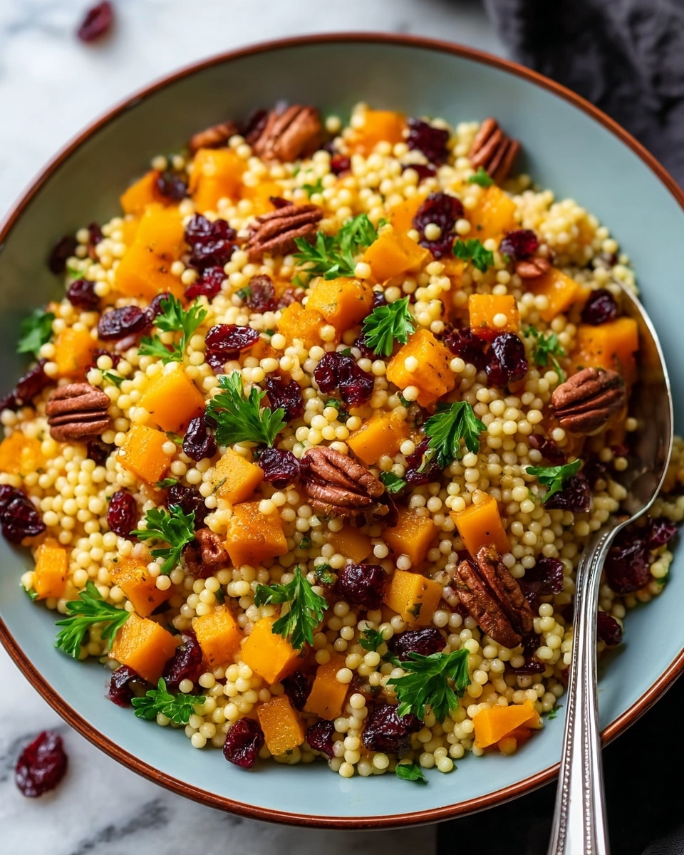 A close-up of a bowl filled with round, yellow couscous pearls as the base layer, mixed with bright orange cube-shaped pieces of butternut squash, dark red dried cranberries scattered evenly throughout, and brown pecans placed on top. Fresh green parsley leaves are sprinkled over the dish for a pop of color. The bowl is light blue with a brown rim and sits on a white marbled surface, with a silver spoon partially inside the bowl. Photo taken with an iphone --ar 4:5 --v 7