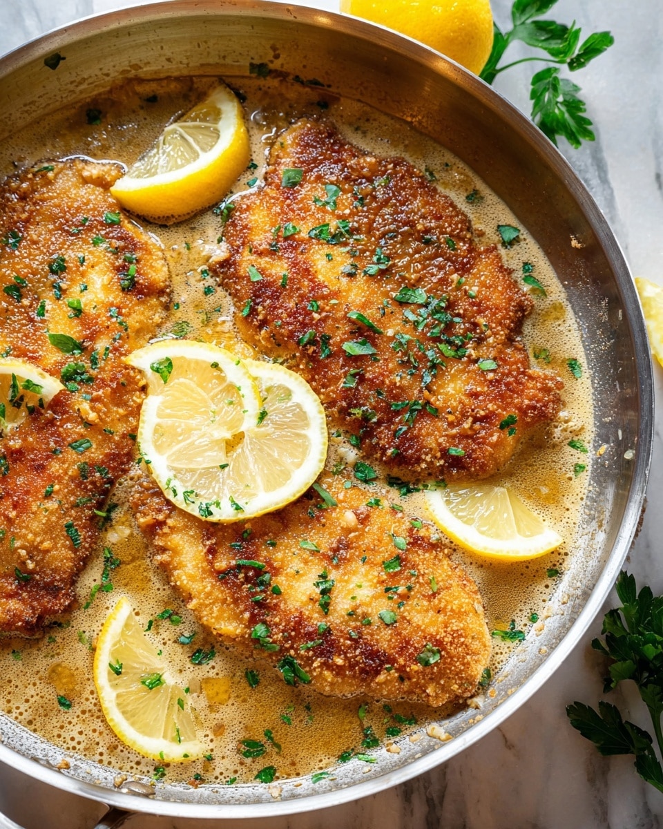 The image shows a close-up of a metal pan filled with four golden-brown fried chicken pieces, each coated with a crispy, textured crust. The chicken is partially submerged in a foamy, light brown sauce dotted with small bits of garlic and sprinkled with finely chopped fresh green herbs. Three lemon wedges with a bright yellow color sit in the pan, adding pops of color and brightness around the chicken. The pan rests on a white marbled surface with a lemon and green herbs placed around it, giving a fresh feel to the scene. photo taken with an iphone --ar 4:5 --v 7