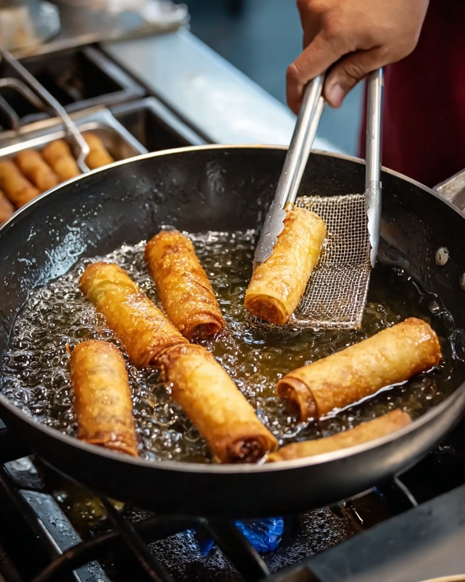 A large black frying pan is filled with hot oil, and inside it, there are nine golden-brown rolled snacks frying. The snacks are slightly shiny from the oil, with some showing a crisp texture while others are still lighter in color as they cook. Two woman's hands are holding metal tongs, one with a mesh basket tip gently lifting one roll while the other tongs press down on another. The frying pan is placed on a stove with a visible blue flame below. The background is blurred, keeping the focus on the cooking action. photo taken with an iphone --ar 4:5 --v 7