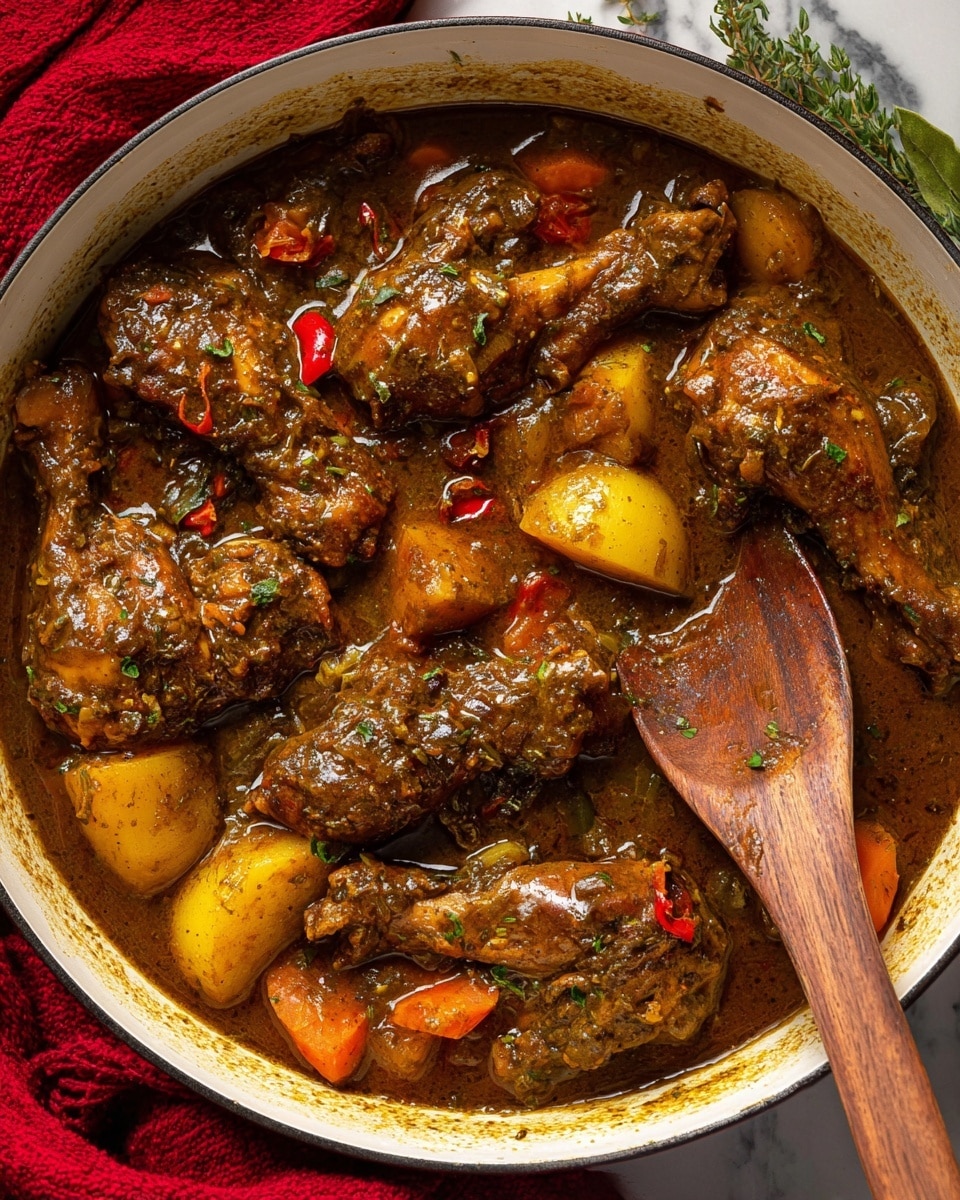 This image shows a white pot filled with rich brown stew with large pieces of dark brown chicken coated in a thick sauce. The stew contains chunks of yellow potatoes and orange carrots, mixed with visible herbs and small red pepper pieces. A wooden spoon rests on the right side of the pot, partially submerged in the stew, with some bits of sauce on it. The pot sits on a white marbled surface, with a red cloth and some green herbs around it, adding color contrast to the warm tones of the stew. photo taken with an iphone --ar 4:5 --v 7