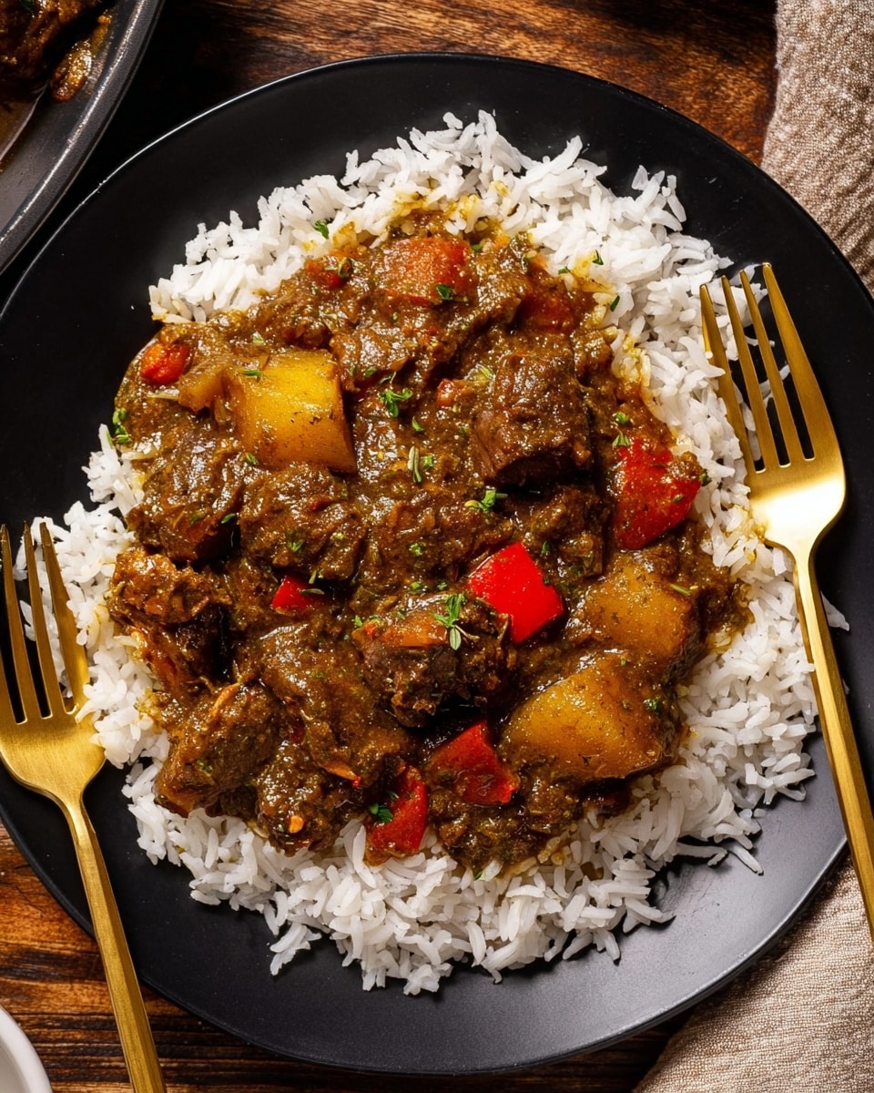 A black plate holds a bed of white fluffy rice as the bottom layer, topped with a thick, dark brown stew filled with chunks of tender meat, potatoes, and pieces of red bell pepper. The stew has a textured, slightly glossy surface with visible herbs and spices mixed in, coating the meat and vegetables. Two golden forks rest on opposite sides of the plate, all set on a white marbled surface with a wooden texture background barely visible. Photo taken with an iphone --ar 4:5 --v 7