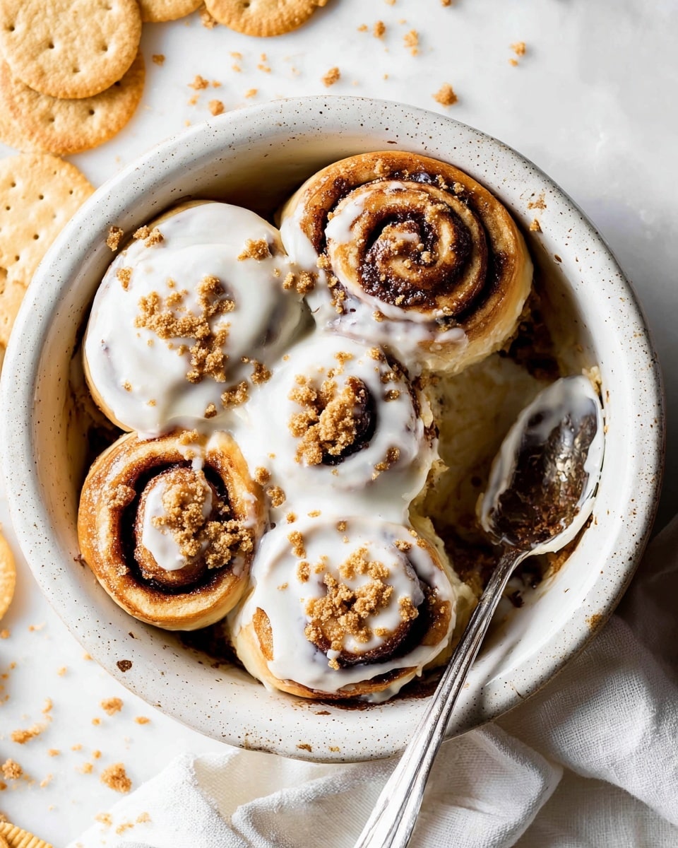 A close-up view of five cinnamon rolls in a white ceramic dish with speckled edges, each roll showing a light golden brown dough twisted with dark cinnamon filling in a spiral pattern; three rolls are covered with thick, creamy white icing that drips slightly down the sides, topped with crumbled light brown cookie bits, while one roll has partial icing, and one has no icing at all, showing the textured cinnamon swirl clearly; a silver spoon with some white icing rests inside the dish on the edge, all set on a white marbled texture with scattered broken light brown crackers nearby. photo taken with an iphone --ar 4:5 --v 7