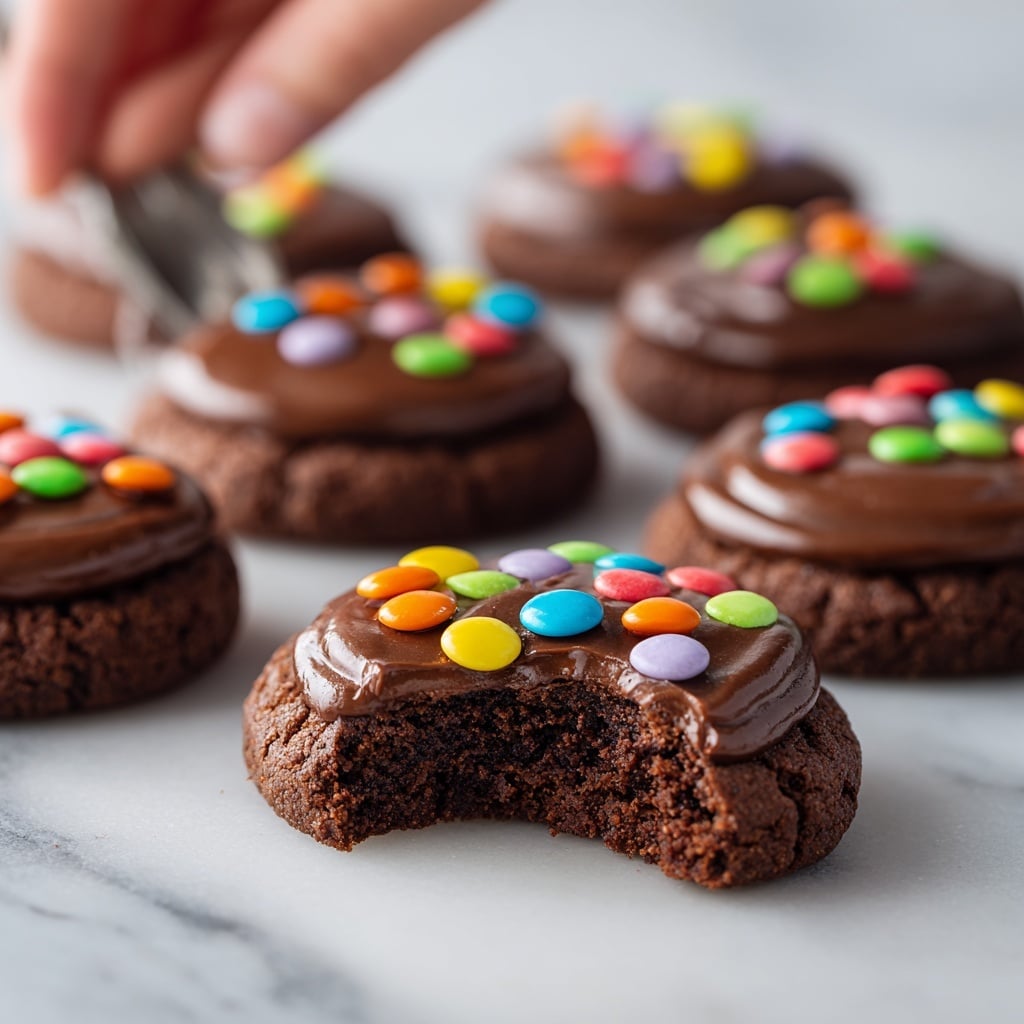 A close-up view of small round chocolate cakes with a rich, smooth dark chocolate frosting layer on top, decorated with colorful small candy pieces scattered evenly across the surface. One cake in the foreground has a bite taken from its side, showing a moist, dark brown chocolate interior with a soft texture. The cakes are placed on a white marbled surface, and a woman's hand is visible near the top left corner, gently holding a utensil above the cakes. Photo taken with an iphone --ar 4:5 --v 7