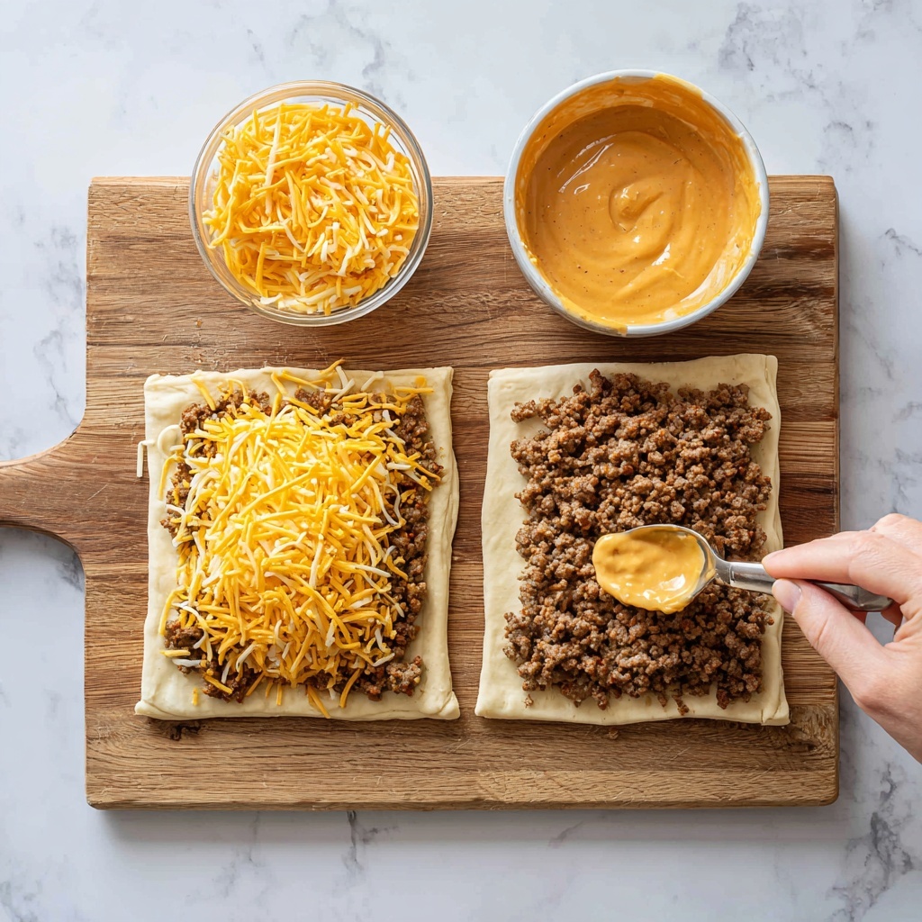 Two square-shaped pieces of dough lie flat on a wooden cutting board set on a white marbled surface. On the left dough square, there is a layer of shredded chicken topped with a thick layer of yellow shredded cheese, piled up on the left side of the dough. On the right dough square, there is a layer of shredded chicken close to the left edge, and a woman's hand holds a spoon spreading a creamy orange sauce on top of the chicken. The two bowls at the top show shredded cheddar cheese on the left, and more orange sauce on the right. Photo taken with an iphone --ar 4:5 --v 7