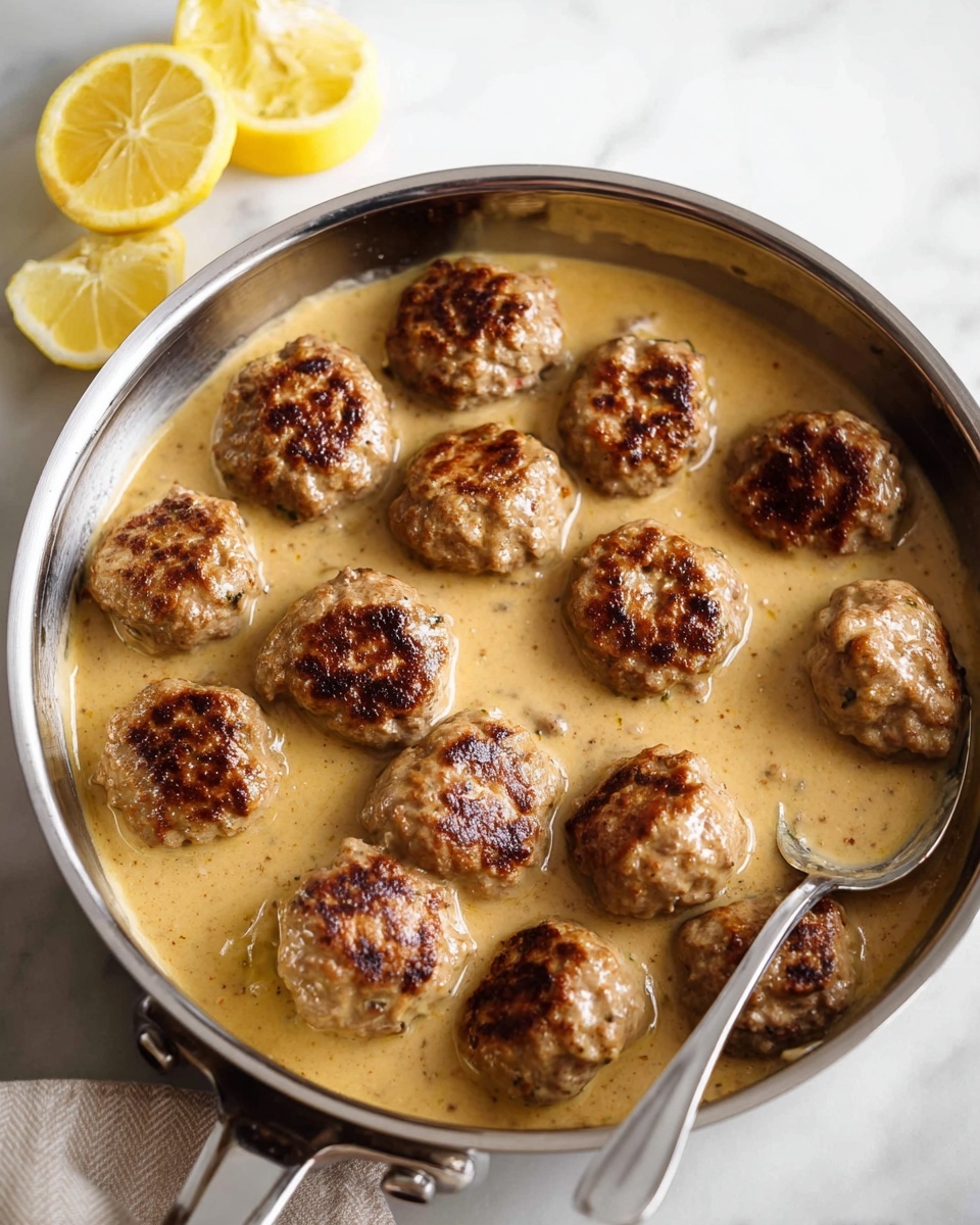 A silver frying pan filled with fourteen browned meatballs sitting in a thick, light brown sauce that looks smooth and creamy, covering the bottom half of the meatballs. The meatballs have a coarse texture and are browned on top. To the upper left of the pan, there are three lemon halves resting on a white marbled surface. A silver spoon is partially dipped in the sauce on the right side of the pan. photo taken with an iphone --ar 4:5 --v 7