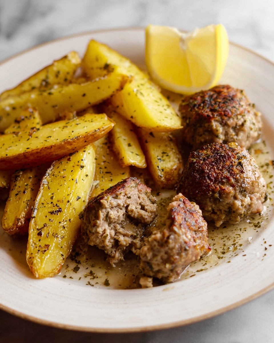 The dish shows three meatballs placed on the right side of a white plate with a textured, juicy mix of brown and light beige colors, sprinkled with herbs; one meatball is cut open, revealing a soft, crumbly inside. To the left of the meatballs are six golden-yellow potato wedges with browned and slightly crispy edges, seasoned with black pepper and green herbs. At the back of the plate, a thick yellow lemon wedge rests, partially visible. The plate sits on a white marbled textured surface. photo taken with an iphone --ar 4:5 --v 7