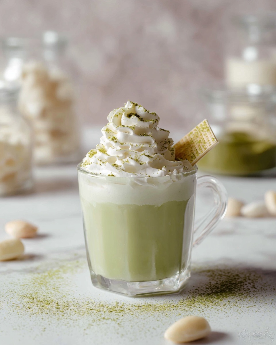 A clear glass cup holds a three-layered drink starting with a smooth pale green liquid that fills most of the cup, followed by a thin wavy layer of white foam just above the liquid, and topped with a generous swirl of white whipped cream sprinkled with green powder. A light green square wafer sticks out from the whipped cream on the right side. The cup sits on a white marbled surface lightly dusted with green powder and a few off-white nuts scattered around. In the background, slightly blurred, there are glass containers with white and green contents. Photo taken with an iphone --ar 4:5 --v 7