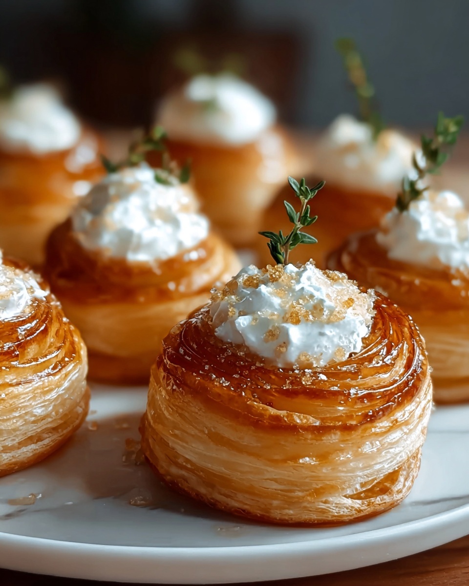 The image shows several small round puff pastries arranged closely together on a white plate with a white marbled surface underneath. Each pastry has multiple thin golden-brown layers in a spiral shape, creating a light and flaky texture. On top of each pastry is a dollop of white whipped cream or soft cheese, garnished with a small sprig of fresh green thyme. The pastries have a shiny glaze that catches the light, suggesting a sticky honey or syrup coating. The background is softly blurred, highlighting the pastries in the foreground. photo taken with an iphone --ar 4:5 --v 7