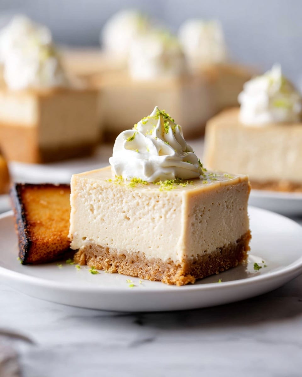 The image shows two square pieces of cheesecake on a white plate. Each piece has a thin brown crumbly base layer at the bottom, a thick creamy pale yellow cheese layer in the middle, and a small dollop of white cream on top. The cream is decorated with small green zest bits. A gold fork with a white handle is resting on the plate, and a woman's hand is holding the fork. The background is a white marbled texture. Photo taken with an iphone --ar 4:5 --v 7