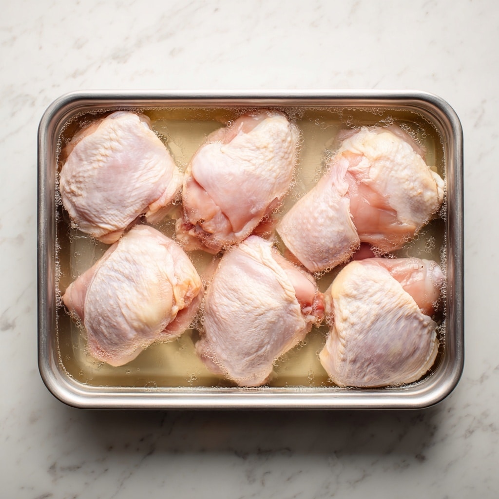 The image shows a metal tray filled with eight raw chicken thighs submerged in clear water. The chicken pieces are pale pink with some white skin visible, arranged in two layers with some pieces overlapping each other. The texture of the chicken skin is smooth and slightly shiny from the water. The tray is placed on a surface with a white marbled texture. Photo taken with an iphone --ar 4:5 --v 7