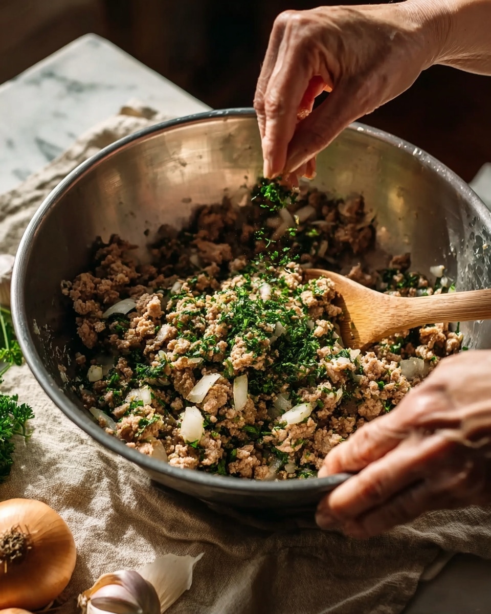 A close-up photo shows a pair of woman's hands mixing ingredients in a large silver metal bowl filled with crumbled light brown cooked ground meat, chopped white onion pieces, and bright green herbs. One woman's hand is sprinkling more herbs over the mix while the other holds a wooden spoon resting in the bowl. The bowl sits on a beige cloth over a white marbled surface, with a bulb of garlic and a brown onion slightly blurred in the background. The warm sunlight highlights the texture of the meat and freshness of the herbs. Photo taken with an iphone --ar 4:5 --v 7