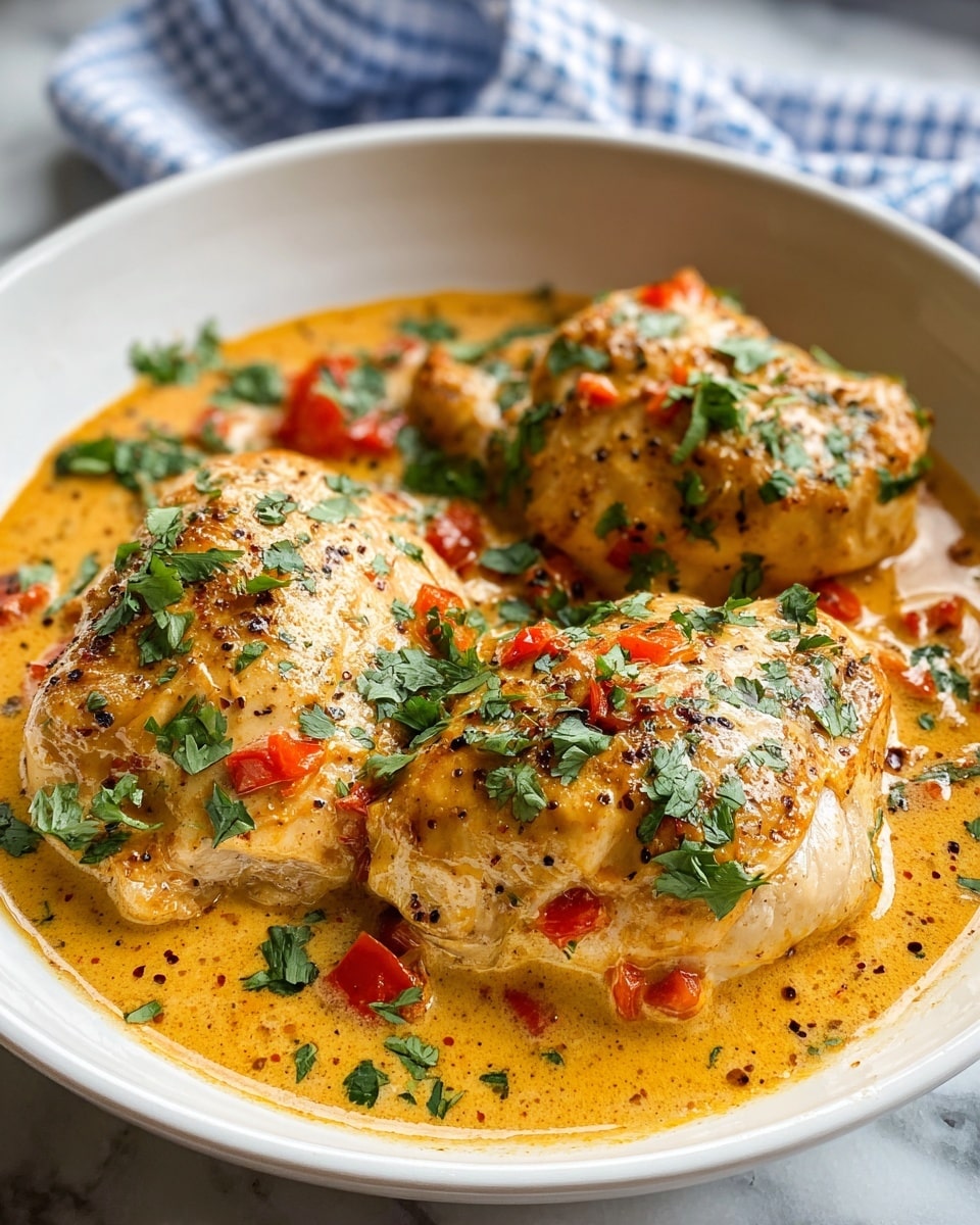 The dish shows four large pieces of cooked chicken in a shallow white bowl, covered in a creamy orange-yellow sauce with visible black pepper and red bell pepper pieces. Each chicken piece is topped with fresh chopped green herbs, likely cilantro, adding a touch of bright green contrast. The chicken looks moist with a slightly browned, tender texture on top. The bowl rests on a white marbled surface with a soft focus on a blue and white checkered cloth in the background. The sauce pools evenly around the chicken, creating a rich and inviting visual. photo taken with an iphone --ar 4:5 --v 7