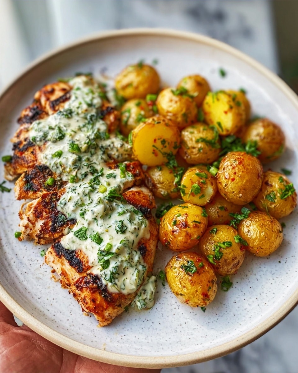 The image shows a white plate with two main layers: on the left, a grilled chicken breast with a toasted brown and slightly charred texture topped with a creamy white sauce sprinkled with bright green chopped herbs; on the right, small golden roasted potatoes with a slightly crispy skin, garnished with green herbs, arranged closely together. The plate is placed on a white marbled surface, and a woman's hand is holding the plate from the left side. Photo taken with an iphone --ar 4:5 --v 7