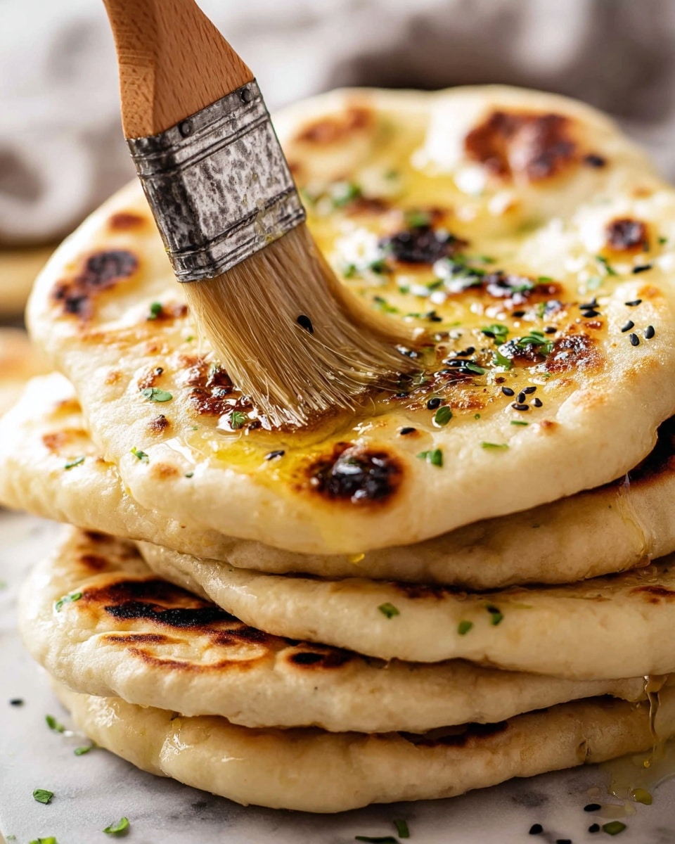 A stack of six flatbreads with golden brown toasted spots sits on a soft beige cloth. Each flatbread layer is round and slightly puffed with a light creamy color, sprinkled with fresh green herbs and small patches of melted butter giving a shiny texture. The flatbreads appear soft and warm with a slightly uneven surface and some bubbles. The background is a white marbled texture. photo taken with an iphone --ar 4:5 --v 7