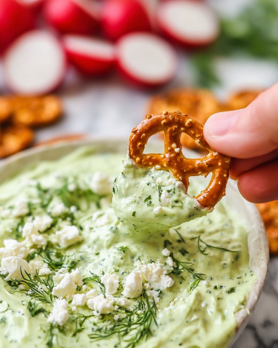 A close-up image shows a small pretzel chip being dipped into a creamy light green dip with a thick texture, sprinkled with small white cheese crumbles and fresh green herbs like dill on the surface. The pretzel chip is golden brown with a crunchy, bumpy surface and a hole in the middle. In the background, there are more chips and sliced red radishes arranged out of focus. A woman's hand holds the pretzel chip. The whole scene is set on a white marbled surface photo taken with an iphone --ar 4:5 --v 7