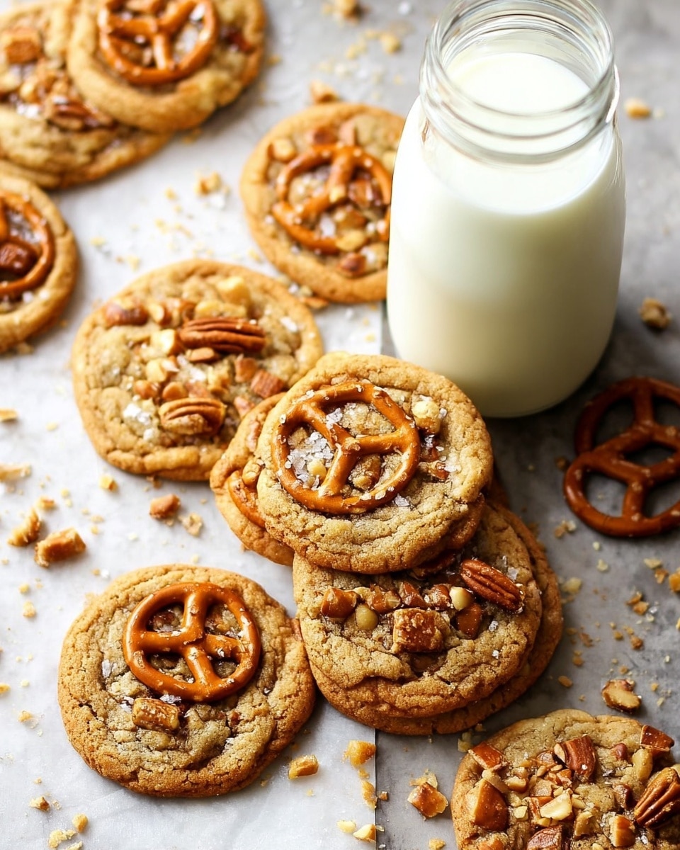 Two soft cookies rest on a rough wooden surface; the top cookie is whole with a light brown color and topped with broken pretzel pieces and small nut chunks, showing a slightly cracked texture. The bottom cookie is split open, revealing a gooey caramel layer inside, stretching between the broken halves with visible pretzel pieces embedded in both the cookie dough and caramel. The cookies have a homemade, slightly uneven round shape with a chewy texture. photo taken with an iphone --ar 4:5 --v 7
