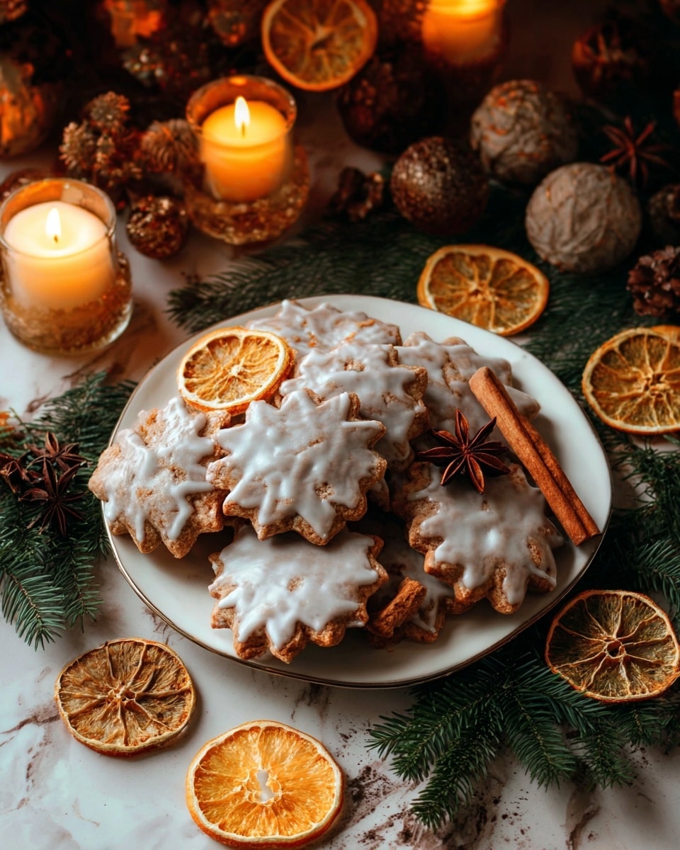 A white plate filled with about twelve round, pale gray cookies with a slightly cracked glaze and fluted edges, some stacked and one broken in half revealing a light brown crumb inside; the cookies are topped with small pieces of dried orange slice and surrounded by more dried orange slices, two cinnamon sticks, and star anise on the plate and scattered around it on a white marbled surface; warm, glowing candles and rustic brown twine balls add a cozy, festive feel to the dark background. photo taken with an iphone --ar 4:5 --v 7