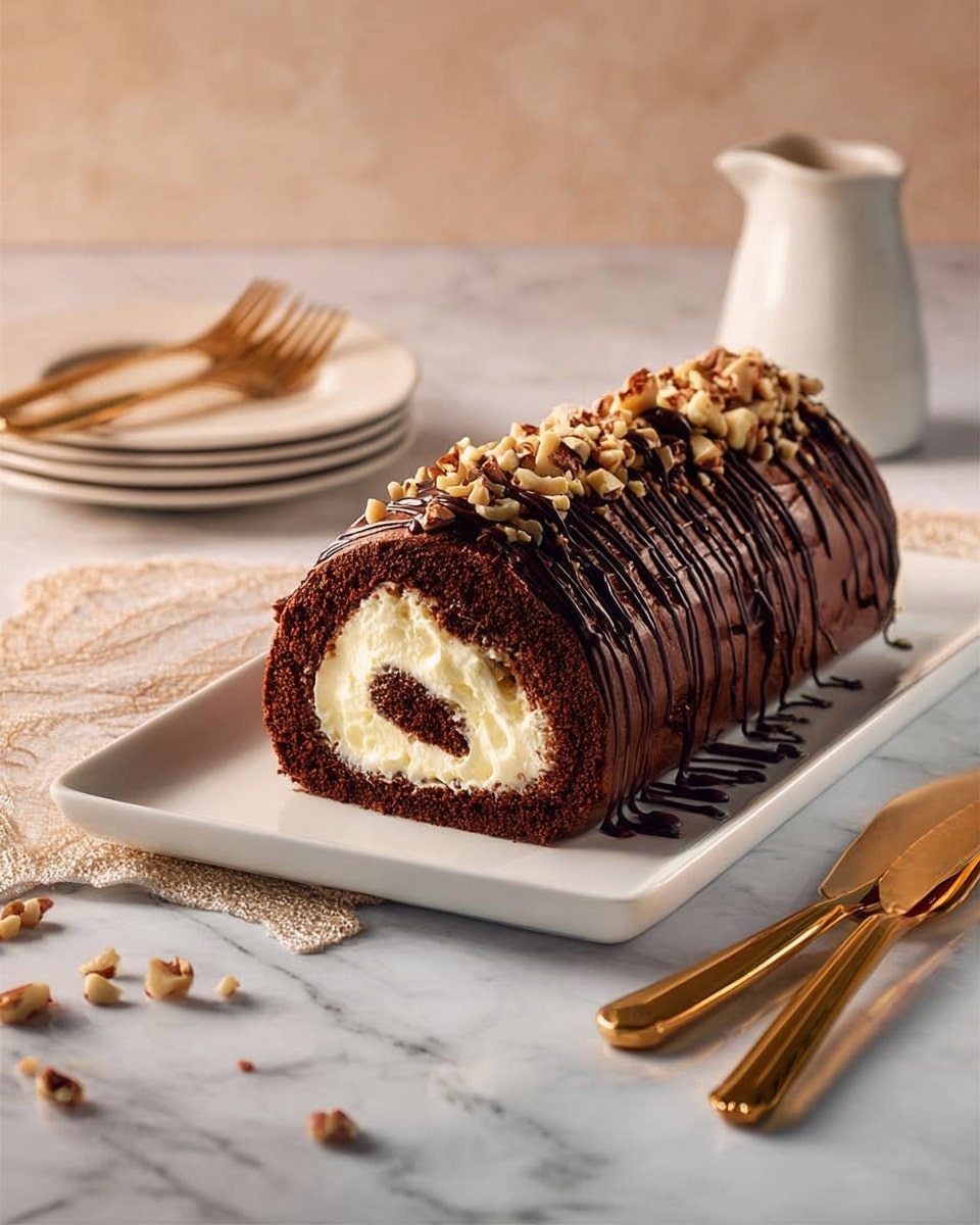 The image shows a chocolate roll cake sliced into pieces on a white marbled surface. The cake has two visible layers: a dark brown outer chocolate layer that is smooth and slightly glossy, and a creamy white inner swirl that is soft and thick. The top of the cake is decorated with a sprinkling of toasted hazelnuts and small chocolate chunks, adding texture and contrast. Two slices are placed near the cut end, showing the swirled pattern inside. A knife with some chocolate crumbs is lying next to the cake. Photo taken with an iphone --ar 4:5 --v 7