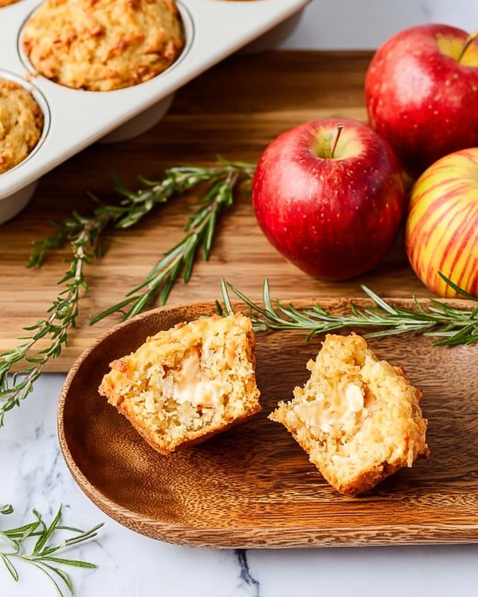 The image shows a silver muffin tray with eleven baked muffins, each with a rough textured top that is light golden brown with visible bits of orange and beige, suggesting ingredients like grated carrot or apple. The muffins are evenly placed in the tray’s circular cups, with one cup empty. The tray is set on a dark wooden board with two red apples and a few green rosemary sprigs near the bottom, and a white cloth is loosely draped on the right side. The background is a white marbled texture. photo taken with an iphone --ar 4:5 --v 7