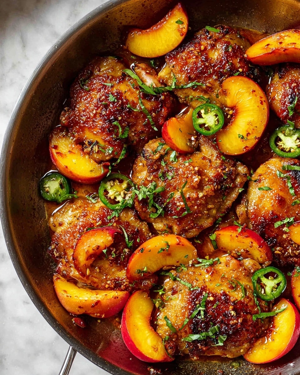 The close-up image shows a pan filled with juicy, golden-brown chicken thighs, each topped with bright red and orange peach slices that have a slight char, adding rich texture. The chicken pieces are well seasoned and sprinkled with small green fresh herbs, possibly parsley, and round slices of green jalapeño peppers. The pan's metal surface is slightly glossy from the cook juices and spices, creating a warm and inviting look. The dish rests on a white marbled texture that adds a clean background contrast. photo taken with an iphone --ar 4:5 --v 7