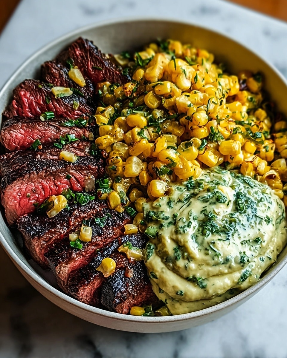 A white bowl contains three main layers: on the left, several slices of medium-rare steak with a dark grilled crust and pink juicy center, topped with small bits of green herbs; in the middle, a pile of bright yellow grilled corn kernels with slight char marks and sprinkled with green herbs; on the right, a large dollop of creamy sauce with green herbs mixed in, having a thick and slightly chunky texture. The bowl is placed on a white marbled surface. photo taken with an iphone --ar 4:5 --v 7