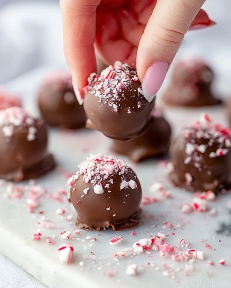 A close-up image shows a woman's hand picking up a round chocolate truffle from a white marbled surface sprinkled with crushed pink and white peppermint bits. The truffles are coated with smooth, shiny milk chocolate and topped with a scattered layer of crushed peppermint that adds a pop of pink and white color on top. Several truffles are arranged casually in the background, creating a soft, out-of-focus effect. The scene highlights the rich texture of the chocolate coating and the rough peppermint topping. Photo taken with an iphone --ar 4:5 --v 7