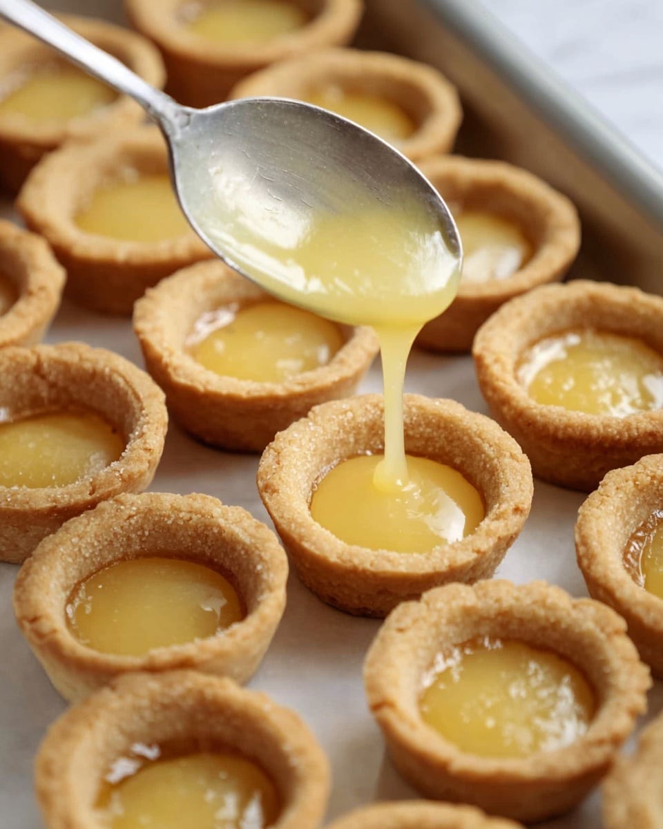 A tray filled with small, golden-brown tart shells arranged closely together, each with a rough texture and hollow center. A spoon is dripping smooth, glossy, pale yellow filling into one tart shell, filling the center evenly. The tart shells have a slightly crumbly look with edges that rise a bit higher than the filling. The background is a white marbled texture. photo taken with an iphone --ar 4:5 --v 7