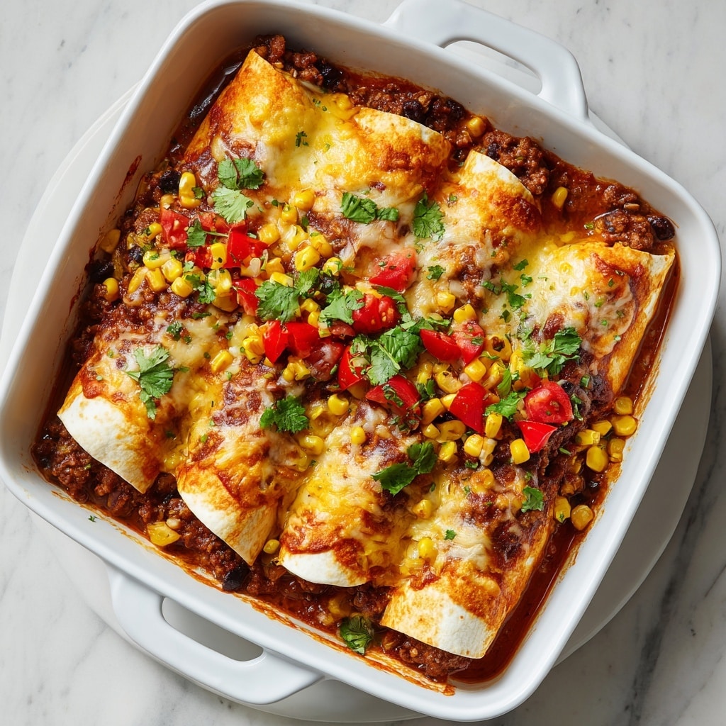 A rectangular white baking dish filled with a layered enchilada dish on a white marbled surface. The base layer is reddish-brown spiced rice mixed with black beans and diced vegetables. On top, a layer of rolled white tortillas partially covered with melted orange cheddar cheese and red enchilada sauce. The top layer is garnished with sliced green jalapeños, thin slices of red chili, avocado slices, thin red onion strips, sprinkled white crumbled cheese, and chopped fresh cilantro. To the side is a small white bowl of sliced red onions and a gray and white striped cloth with a metal spatula resting on it. Photo taken with an iphone --ar 4:5 --v 7