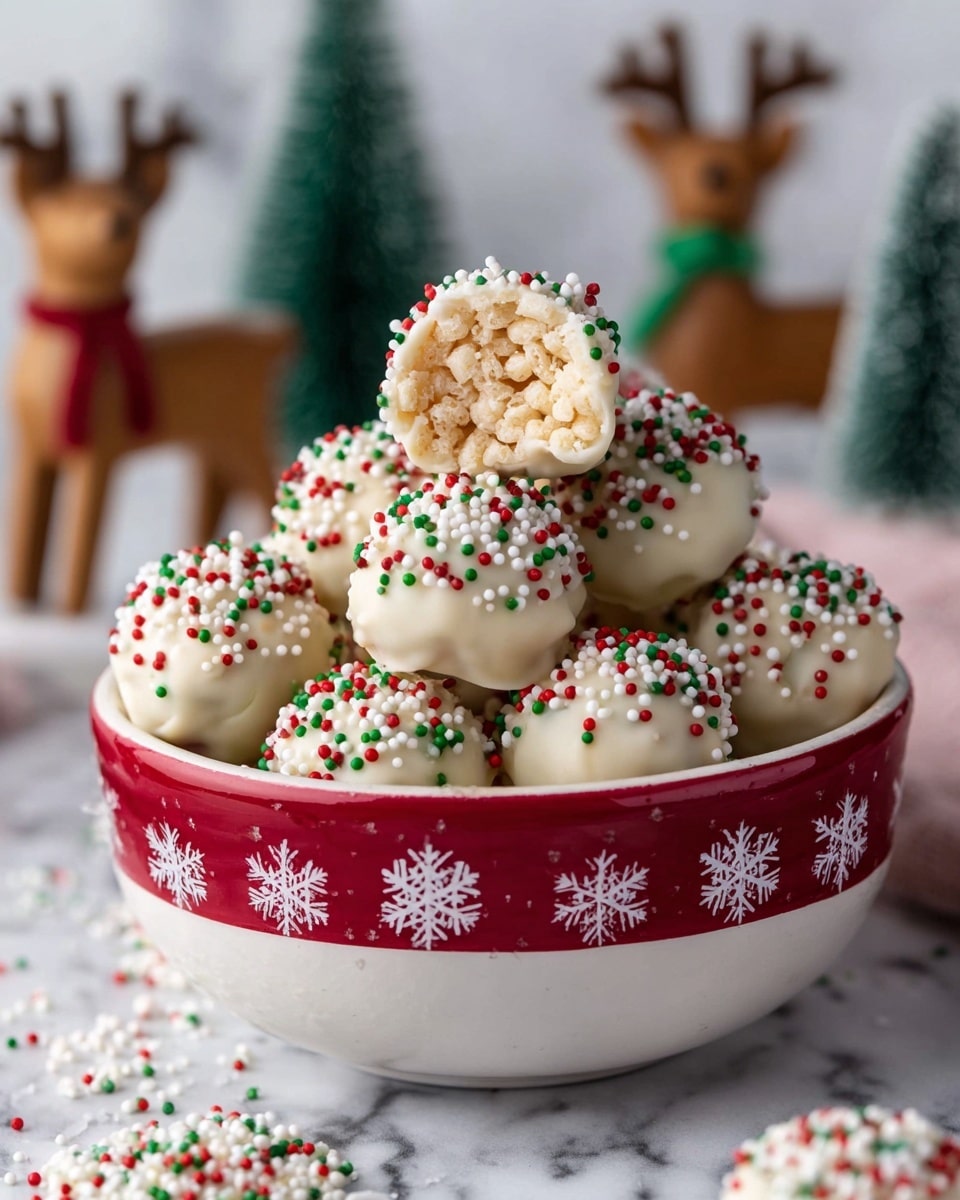 A white plate filled with round ball-shaped treats is shown, each coated in smooth white chocolate with a mix of red, green, and white small round sprinkles mostly on the top. One of the balls is cut in half and placed near the center, showing a light tan, crunchy, puffed rice-like interior with a slightly rough texture. The balls are tightly packed on the plate and the background is a blurred white marbled surface. photo taken with an iphone --ar 4:5 --v 7